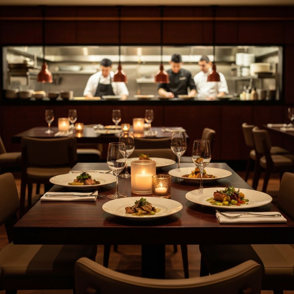 Modern restaurant interior with warm ambient lighting